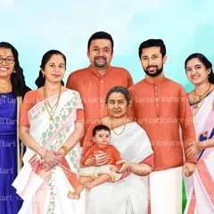 A large family portrait bringing together multiple generations, including a grandmother with her children and grandchild. This digital painting is a beautiful tribute to family bonds.