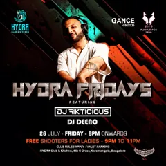 The official poster for 'Hydra Fridays', promising a smashing Bollywood night and free shooters for the ladies.