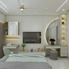 This bedroom features a multi-functional wall with an integrated TV unit, a study desk, and a beautiful arched dressing mirror with backlighting. It's a perfect example of how to maximize utility in a stylish way.