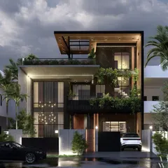 I design facades that are both modern and timeless, using a dynamic interplay of stone, wood, glass, and integrated greenery. This residence in Rohtak showcases how architecture can make a powerful statement, with dramatic lighting that brings the structure to life at dusk.
