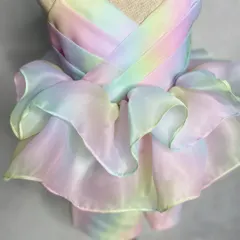 A close-up of the beautiful, layered organza ruffles on our Rainbow Co-ord set. The pastel colors blend together to create a soft, ethereal effect.