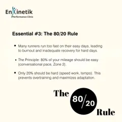 I train my athletes using the 80/20 rule. This principle dictates that 80% of your weekly mileage should be at an easy, conversational pace, with only 20% dedicated to hard efforts like speed work.