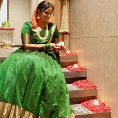 Our client Raksha from Bangalore, looking breathtaking in our most viral green Kanchipuram lehenga for her special event.