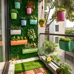 This is the same balcony design as the previous image, shown from a slightly different angle. This view highlights the interplay between the artificial turf, the wooden deck tiles, and the dense green wall, demonstrating how different textures can work together in a small space.