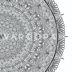 A corner detail of the black and white mandala, focusing on the delicate, petal-like edges and flowing lines.