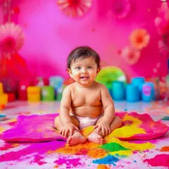 A vibrant and colourful Holi smash! This is a creative twist on a traditional cake smash, using colourful powders on a pink background to create an explosion of joy for the baby's first Holi.