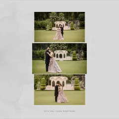 A classic vertical collage showing a sequence of three romantic poses from an elegant engagement shoot in a formal garden.