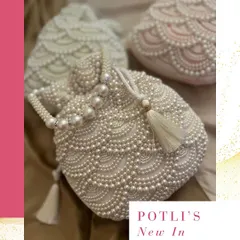 Elegance is in the details. These exquisite potli bags, handcrafted with countless tiny pearls, are the perfect accessory for a bride or a luxurious favour for your most special guests. They are a timeless piece to be cherished.