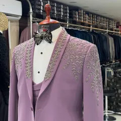 The lavender tuxedo seen against the backdrop of my studio. This image shows the quality of the finished product alongside the tools of the trade.
