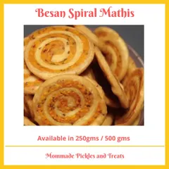 These Besan Spiral Mathis are as beautiful as they are delicious. A flaky, layered savoury biscuit made with gram flour, they have a unique texture and a rich, spiced flavour that makes them a popular tea time snack.