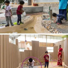 At the Atelier School in Bangalore, learning happens everywhere. This collage shows how we designed spaces that are as much a part of the education as the curriculum, using playful elements like a water channel and partitions made from reusable paper tubes, all inspired by the Reggio Emilia philosophy.