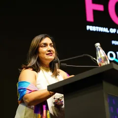 A close-up of Gayathri Shetty during her presentation at the Festival of Architecture & Interior Designing (FOAID). Her talk focused on celebrating the soul of India through our projects.