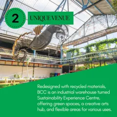 A bright, daytime shot of our main event space, highlighting the iconic scrap-metal seahorse sculpture hanging from the ceiling. This view showcases our unique industrial warehouse-turned-jungle aesthetic.