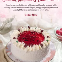This is my eggless Coconut Raspberry Cake, a tropical escape in a bite. It's a vanilla cake layered with a creamy coconut crèmeux and a bright, tangy raspberry crèmeux for a perfectly balanced flavour.