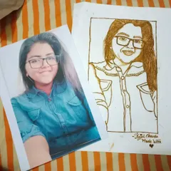 A side-by-side comparison of the reference photo and the final henna portrait I created for my friend. Capturing a likeness in henna is a challenging but rewarding process.