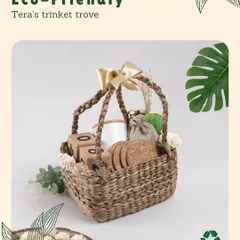 'Tera's Trinket Trove' is another of my eco-friendly options, featuring items like cork coasters and wooden blocks presented in a hand-woven basket.