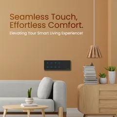 A look at my black smart panel in a contemporary living room. It demonstrates how seamless touch control can elevate your smart living experience with effortless comfort.