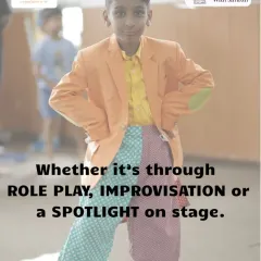 A young actor strikes a pose in a colorful costume. Whether it's through role play, improvisation, or a spotlight on stage, imagination is where it all begins.