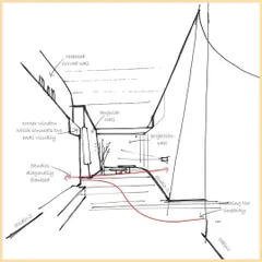 A conceptual sketch for our own office, illustrating how we break linearity with angular walls and diagonal sightlines. This drawing reveals the thinking behind creating a dynamic and productive workspace.