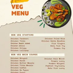 For non-vegetarian food lovers, this menu lists some of my most popular dishes. Options include starters like Chicken Tandoori and Fish Fingers, and main courses such as Chicken Biryani and Prawns Curry.