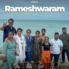 A happy group by the sea in Rameshwaram. This trip offers a unique blend of spiritual sites and beautiful coastal scenery.