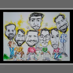 The whole crew is here! This is the final colored version of a group caricature for a bunch of friends, bringing each of their personalities to life with bright colors and fun details.