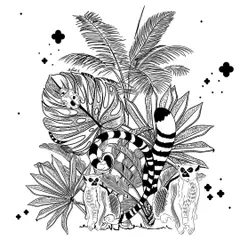 A sneak peek of my "Treasures of Madagascar" print, showing a composition of lemurs and tropical leaves. This intricate black-and-white design is perfect for detailed artwork.