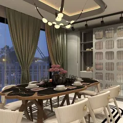 This dining area in our Hemkunt, Delhi project was designed for sophisticated entertaining. The unique leaf-shaped dining table with a black marble top, elegant upholstered chairs, and a modern chandelier come together to create a space that is both luxurious and inviting.