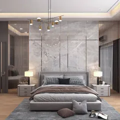 This master bedroom is a sanctuary of modern elegance. We used a floor-to-ceiling marble-finish panel as the headboard, accented with polished metal inlays and flanked by vertical fluted glass panels to create depth and texture. The contemporary chandelier and matching bedside lamps provide layered, ambient lighting, completing this tranquil and luxurious retreat.