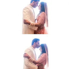 A bright and airy diptych celebrating a first anniversary. The couple's tender embrace and kiss are highlighted against a clean white background, emphasizing their connection.