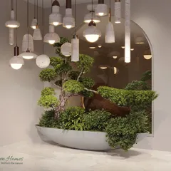 An artful installation featuring a faux bonsai tree set within an arched wall niche. The cluster of designer pendant lights above acts as a canopy, creating a dramatic and sophisticated display.