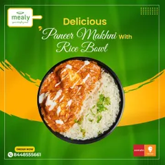 Indulge in our delicious Paneer Makhni Rice Bowl. Soft paneer cubes are simmered in a creamy, buttery tomato gravy and served alongside perfectly cooked rice for a rich and satisfying meal.