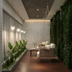 A beautiful wooden swing with comfortable cushions serves as the centerpiece of this long balcony. It's flanked by a lush vertical garden on one side and a planter bed on the other, creating a private, nature-filled nook for unwinding.