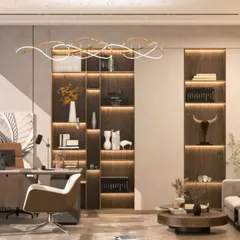 A luxurious home office design with dark wood tones and integrated shelving with accent lighting. The large desk and comfortable seating create an executive-level workspace at home.