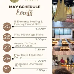 Our May schedule is filled with beautiful events and classes. Explore 5 Elements Healing, New Moon Yoga Nidra, a free Theta Meditation Camp, and a Shamanic Drumming Circle, all hosted at our Indiranagar wellness space.