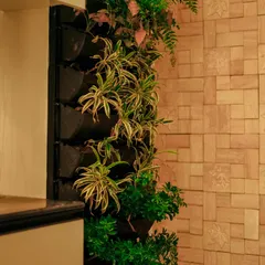 This modular vertical garden, installed next to a textured stone wall, showcases how we can integrate greenery into narrow spaces, adding life and dimension.
