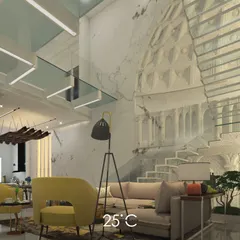 A 3D render exploring an alternative design for a grand living space. This version highlights a monumental, classically inspired bas-relief wall sculpture that contrasts with modern furniture, showcasing our ability to blend different stylistic eras.