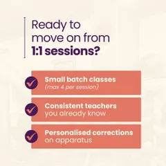 Ready to move on from 1:1 sessions? Our small batch classes are the perfect next step, offering personalized corrections on the apparatus with the energy of a group. You get the best of both worlds.