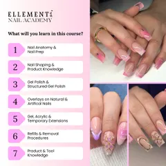 A detailed look at what you'll learn in our comprehensive course. We cover everything from nail anatomy and prep to advanced extensions, refills, removals, and even the soft skills needed for your business.