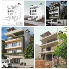 This collage documents the entire lifecycle of a residential building project. It starts with the 2D architectural drawings, moves to 3D models and realistic renders, and shows the actual on-site construction, providing a complete overview of our process.