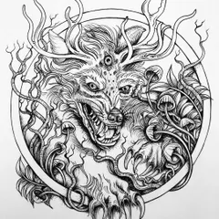 A finished tattoo concept of the mythic wolf, Fenrus, framed in a circle. This design includes symbolic elements like antlers and mushrooms, perfect for a large, central piece like on a chest or back.