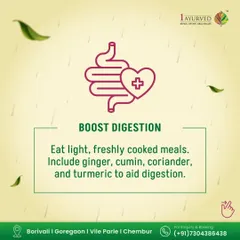 To boost digestion, especially during seasons like monsoon when Agni is weak, we recommend light, freshly cooked meals. Incorporating digestive spices like ginger, cumin, coriander, and turmeric is a simple yet powerful way to support your gut.