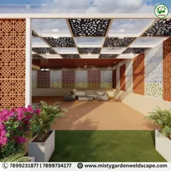 This 3D render showcases a modern terrace design with a glass pergola and decorative CNC panels. We use these visualizations to perfect the balance of light, privacy, and greenery in your outdoor space.