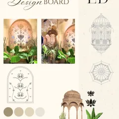 A design board for the 'Whispering Willows' theme, featuring inspiration images, color palettes, and sketches of key elements like the jharokhas and lotus motifs. This is the blueprint for a royal and elegant event.