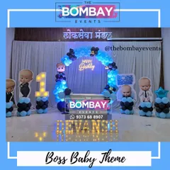 The boss has arrived! This Boss Baby theme is perfect for a stylish first birthday, featuring multiple character cutouts, a light-up number '1', and a cool blue and black color scheme.