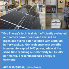 For his home in Uttar Pradesh, Mr. Akhilesh Kumar needed 24/7 power. We designed a 10 kW hybrid rooftop solar system with lithium battery backup, providing uninterrupted power and reducing his bill by 20%.