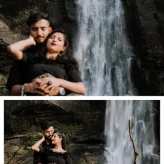 A collage showcasing a romantic couple's shoot against a breathtaking waterfall. The images capture both tender close-ups and wider shots that emphasize the grand scale of the natural scenery, creating a powerful love story.