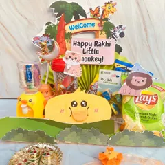 A playful Rakhi hamper for the "little monkey" in the family. This jungle-themed gift is packed with fun toys and snacks.