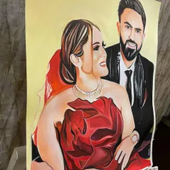 Here is the same custom portrait on my easel, showing the scale of the 16x23 inch artwork before it's framed. I use high-quality art paper that holds the rich poster colors beautifully.