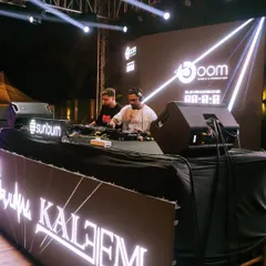 A side view of the impressive DJ setup at a Sunburn event. Professional gear and stage presence are key for large-scale productions.